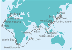 Reiseroute der Kreuzfahrt  Weltenbummler Asien zur Frühlingsblüte und Afrika - mit Flug - AIDA