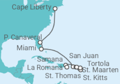 Reiseroute der Kreuzfahrt  15 Nächte - USA Ostküste & Karibiksonne - ab Bayonne/bis La Romana - mit Flug - Mein Schiff