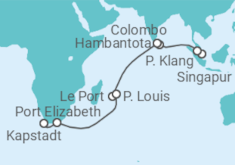Reiseroute der Kreuzfahrt  22 Nächte - Indischer Ozean mit Mauritius - ab Singapur/bis Kapstadt - Mein Schiff
