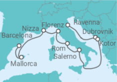 Reiseroute der Kreuzfahrt  Kroatien, Montenegro, Italien, Frankreich, Spanien - NCL Norwegian Cruise Line