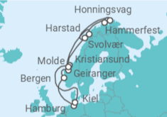 Reiseroute der Kreuzfahrt  Hamburg • Bergen • Geiranger • Kristiansund • Lofoten • Nordkap • Hammerfest • Harstad • Molde • Kie - mit Flug - Nicko Cruises