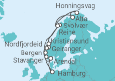 Reiseroute der Kreuzfahrt  Hamburg • Bergen • Geiranger • Kristiansund • Lofoten • Nordkap • Alta • Lofoten • Nordfjordeid • St - mit Flug - Nicko Cruises