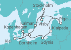 Reiseroute der Kreuzfahrt  Kiel • Kopenhagen • Kalmar • Stockholm • Gotland • Riga • Klaipeda • Danzig • Bornholm • Kiel - mit Flug - Nicko Cruises