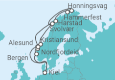 Reiseroute der Kreuzfahrt  Kiel • Bergen • Nordfjordeid • Kristiansund • Lofoten • Nordkap • Hammerfest • Harstad • Ålesund • K - mit Flug - Nicko Cruises