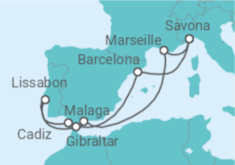 Reiseroute der Kreuzfahrt  Gibraltar, Portugal, Spanien, Frankreich, Italien - Costa Kreuzfahrten