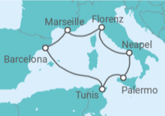Reiseroute der Kreuzfahrt  Spanien, Tunesien, Italien - MSC Cruises