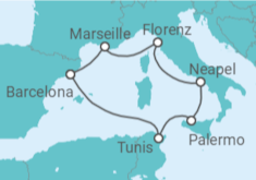 Reiseroute der Kreuzfahrt  Italien, Frankreich, Spanien, Tunesien Alles Inklusive - MSC Cruises