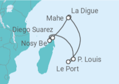 Reiseroute der Kreuzfahrt  Mauritius, Seychellen & Madagaskar 1 - mit Flug - AIDA
