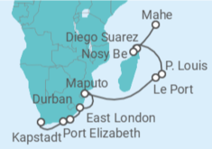 Reiseroute der Kreuzfahrt  Seychellen, Mauritius & Südafrika 2 - mit Flug - AIDA