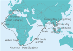 Reiseroute der Kreuzfahrt  57 Nächte - Große Weltentdecker-Route - ab Hongkong/bis Palma - mit Flug - Mein Schiff