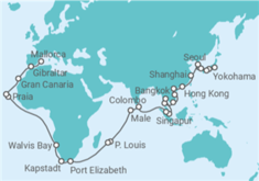 Reiseroute der Kreuzfahrt  71 Nächte - Große Weltentdecker-Route - ab Tokio/bis Palma - mit Flug - Mein Schiff