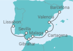 Reiseroute der Kreuzfahrt  SPAIN & PORTUGAL CRUISE: BARCELONA, SEVILLE & LISBON - Azamara