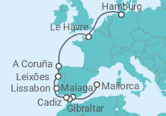 Reiseroute der Kreuzfahrt  11 Nächte - Europas Westküste - ab Palma/bis Hamburg - mit Flug - Mein Schiff