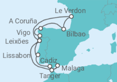 Reiseroute der Kreuzfahrt  14 Nächte - Rund um die Iberische Halbinsel - ab/bis Leixões (Porto) - Mein Schiff