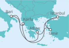 Reiseroute der Kreuzfahrt  Von der Adria zum Bosporus & Athen - MSC Cruises