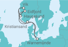 Reiseroute der Kreuzfahrt  Norwegens Fjorde ab Warnemünde - mit Flug - AIDA