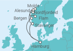 Reiseroute der Kreuzfahrt  Norwegens Fjord-Weltnaturerbe ab Hamburg 1 - AIDA