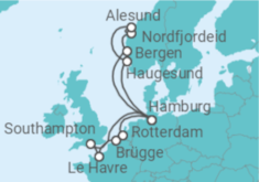 Reiseroute der Kreuzfahrt  Metropolen & Norwegen ab Hamburg - mit Flug - AIDA