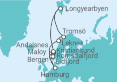 Reiseroute der Kreuzfahrt  Norwegen mit Spitzbergen & Lofoten ab Hamburg - mit Flug - AIDA