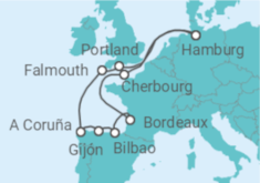 Reiseroute der Kreuzfahrt  Ärmelkanal & Golf von Biskaya ab Hamburg - mit Flug - AIDA