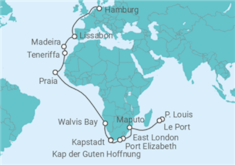 Reiseroute der Kreuzfahrt  Von Mauritius nach Hamburg - AIDA