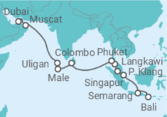 Reiseroute der Kreuzfahrt  Bali • Java • Singapur • Malaysia • Phuket • Sri Lanka • Malediven • Oman • Dubai - Nicko Cruises