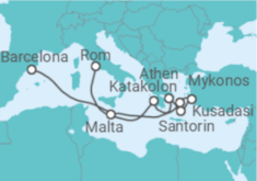 Reiseroute der Kreuzfahrt  Malta, Griechenland, Türkei - mit Flug - Celebrity Cruises