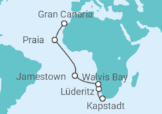Reiseroute der Kreuzfahrt  SOUTH AFRICA, NAMIBIA & ST. HELENA CRUISE: CAPE TOWN, WALVIS BAY & JAMESTOWN - Azamara