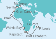 Reiseroute der Kreuzfahrt  Von Mallorca über Südafrika nach Mauritius  Alles Inklusive - mit Flug - AIDA