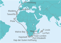 Reiseroute der Kreuzfahrt  Von Mauritius nach Hamburg  Alles Inklusive - AIDA