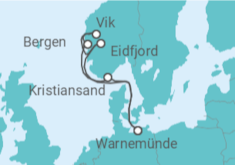 Reiseroute der Kreuzfahrt  Norwegens Fjorde ab Warnemünde 1  Alles Inklusive - mit Flug - AIDA