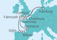 Reiseroute der Kreuzfahrt  Ärmelkanal & Golf von Biskaya mit Sonnenfinsternis  Alles Inklusive - mit Flug - AIDA