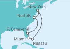 Reiseroute der Kreuzfahrt  Florida & Bahamas ab New York  Alles Inklusive - mit Flug - AIDA