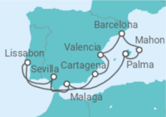 Reiseroute der Kreuzfahrt  Spanien, Portugal & Balearen ab Mallorca - TI - AIDA