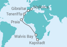 Reiseroute der Kreuzfahrt  Von Kapstadt über Namibia nach Mallorca - TI - AIDA