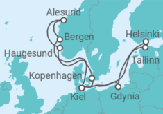 Reiseroute der Kreuzfahrt  14 Nächte - Ostseemetropolen und Zauberhaftes Norwegen - ab/bis Kiel - Mein Schiff