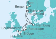 Reiseroute der Kreuzfahrt  14 Nächte - Vielfalt Norwegens und Westeuropas - ab/bis Hamburg - Mein Schiff