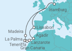 Reiseroute der Kreuzfahrt  19 Nächte - Zeitlose Kanaren - ab/bis Hamburg - Mein Schiff