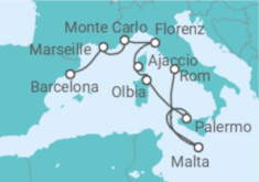 Reiseroute der Kreuzfahrt  Frankreich, Monaco, Italien, Malta - Oceania Cruises