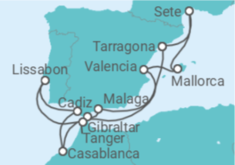 Reiseroute der Kreuzfahrt  Spanien, Gibraltar, Marokko, Portugal, Frankreich - Celestyal Cruises