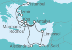 Reiseroute der Kreuzfahrt  Östliches Mittelmeer mit Istanbul & Ägypten - AIDA