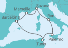 Reiseroute der Kreuzfahrt  Frankreich, Spanien, Tunesien, Italien - Costa Kreuzfahrten