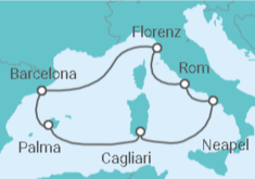 Reiseroute der Kreuzfahrt  Italien und Spanien 2021 - NCL Norwegian Cruise Line