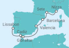 Reiseroute der Kreuzfahrt  8-Tage Nizza-Sète-Barcelona-Valencia-Gibraltar-Cádiz-Lissabon - Nicko Cruises