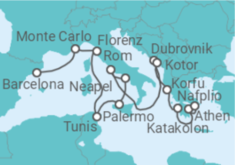 Reiseroute der Kreuzfahrt  Von Barcelona nach Athen (Piräus) - Holland America Line