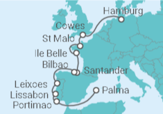 Reiseroute der Kreuzfahrt  von Hamburg nach Palma de Mallorca
- Hapag-Lloyd Cruises
