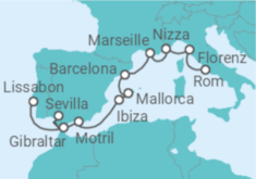 Reiseroute der Kreuzfahrt  Von Lissabon (Portugal) nach Civitavecchia (Rom) - NCL Norwegian Cruise Line