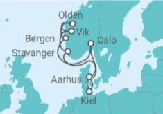 Reiseroute der Kreuzfahrt  Norwegens Küste mit Fjorden ab Kiel - AIDA
