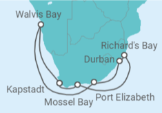 Reiseroute der Kreuzfahrt  Namibia, Südafrika - Oceania Cruises