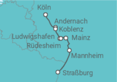 Reiseroute der Kreuzfahrt  Köln • Ludwigshafen • Straßburg • Köln - Nicko Cruises